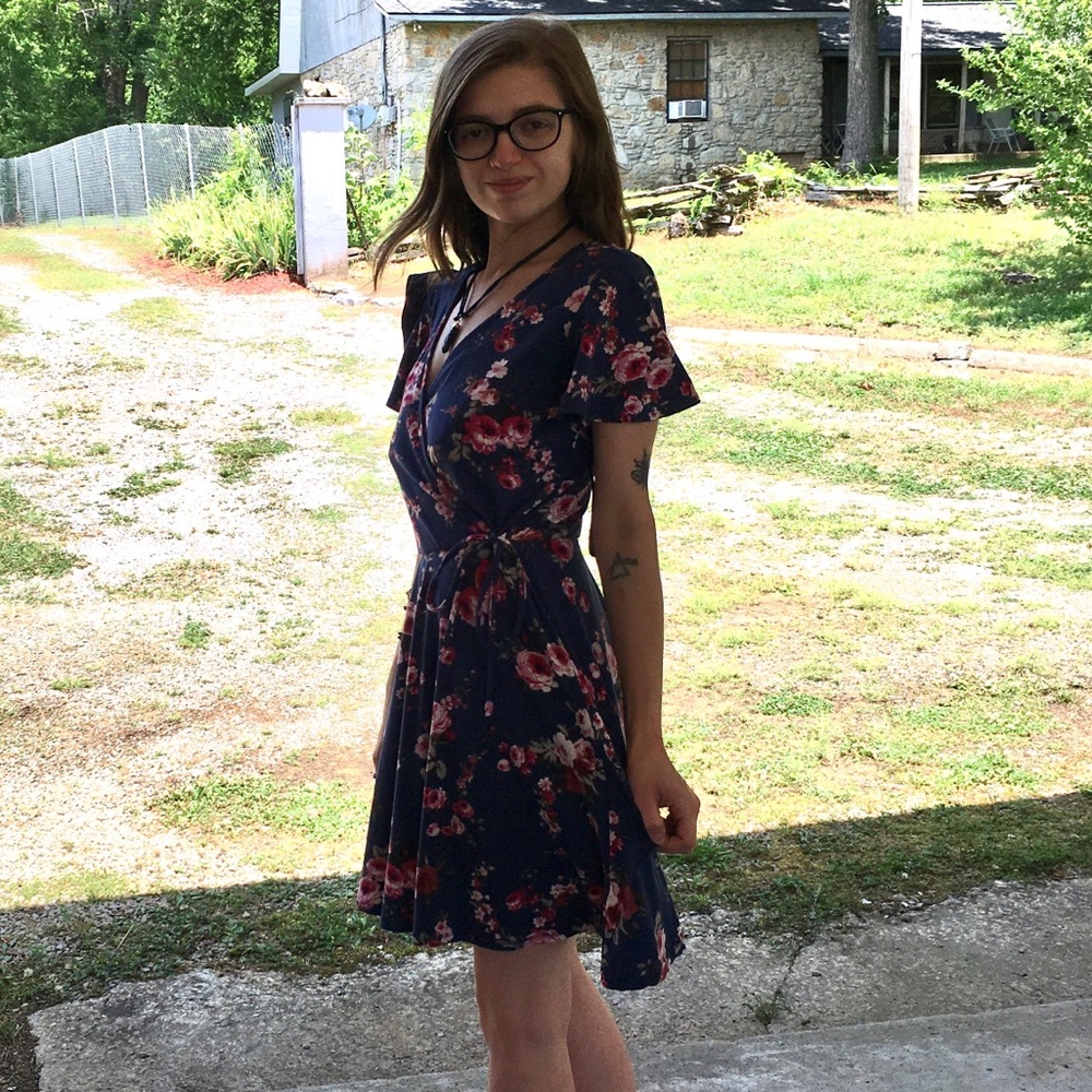 Blue floral dress with pink flowers